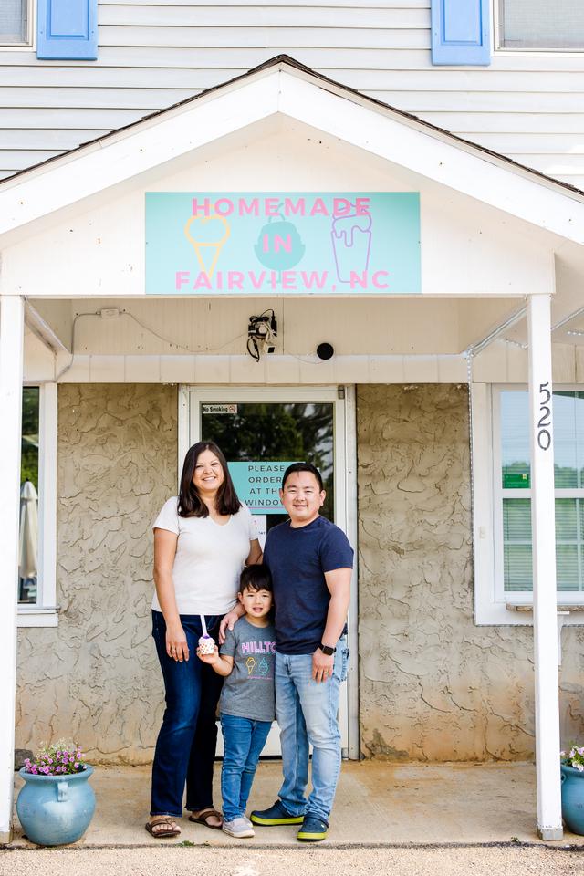 The Hilgeman family standing at the entrance to Hilltop Ice Cream Shop