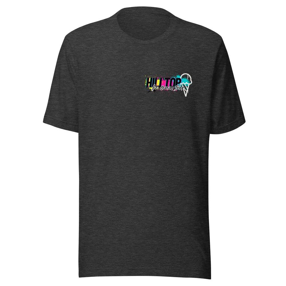 Dark gray Hilltop Ice Cream Shop T-shirt with a colorful retro logo