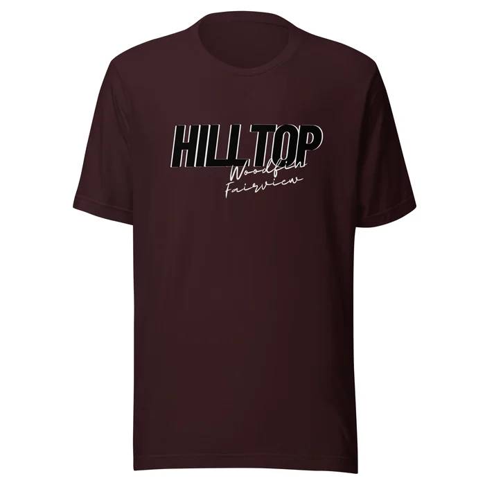 Dark oxblood Hilltop T-shirt with Fairview and Woodfin lettering